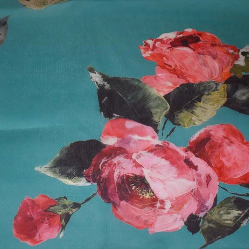 Teal/Multi Famous Designer Floral Printed Silk Blend Organza Fabric