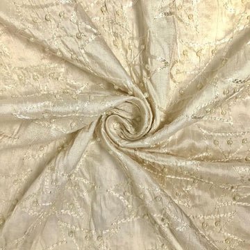 Beige Bridal Silk Dupioni Embroidered with Pearls (45")