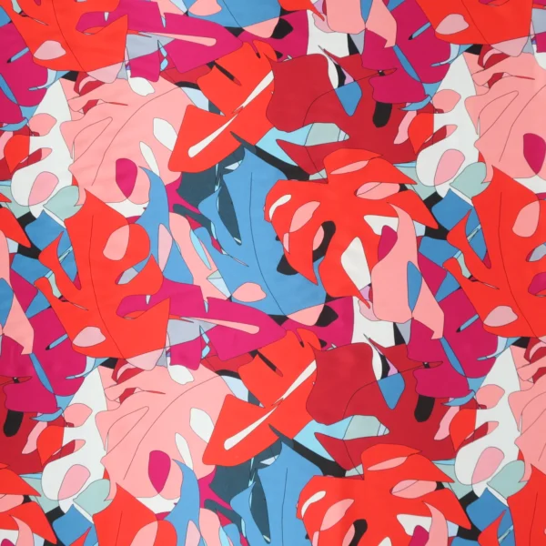 Pink, Red and Blue Abstract Monstera Leaves Printed Silk Charmeuse Fabric