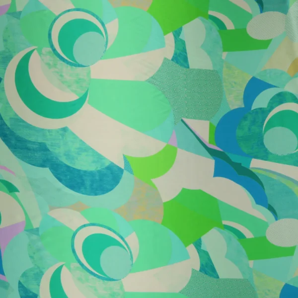 Green, Teal and Purple Abstract Circles Printed Silk Charmeuse Fabric