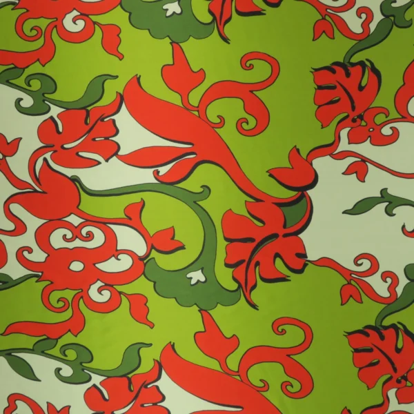 Red and Green Abstract Leaves Printed Silk Charmeuse Fabric