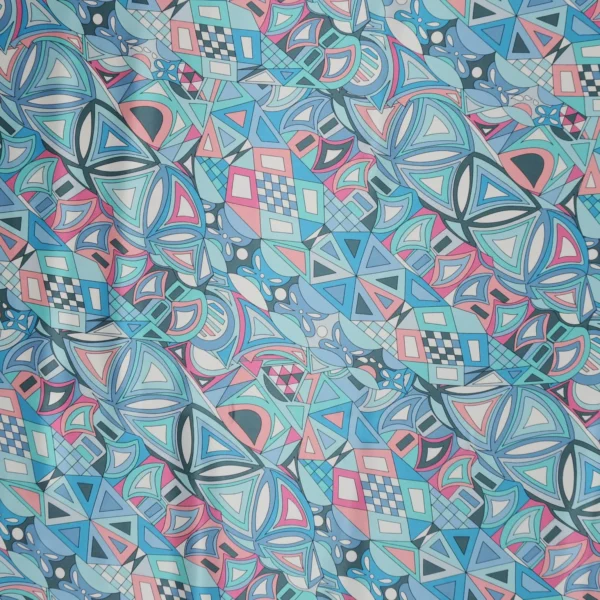 Pink, Blue and Lilac Abstract Printed Silk Charmeuse Fabric