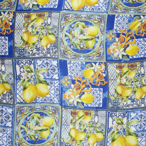 Lemons on Blue Abstract Printed Silk Charmeuse Fabric