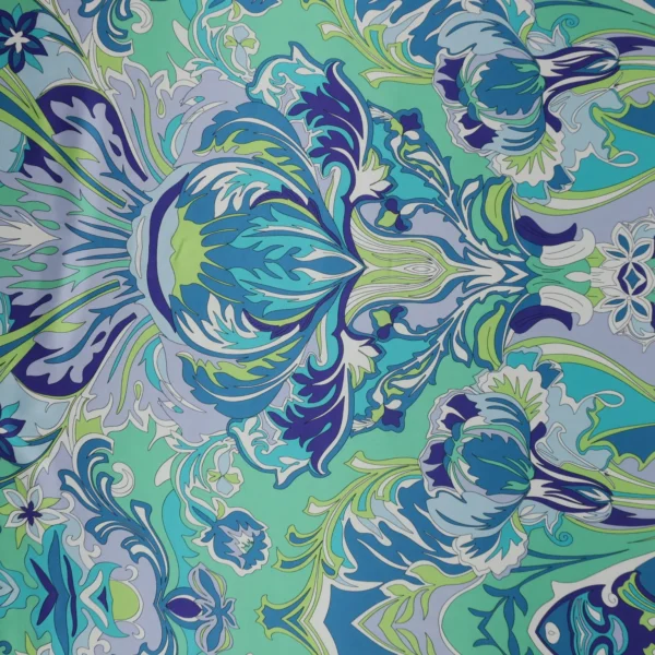 Blue, Purple and Green Abstract Printed Silk Charmeuse Fabric