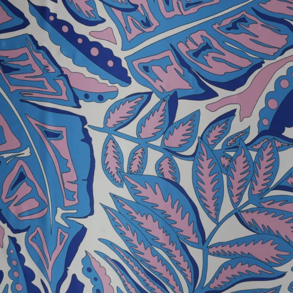 Blue and Pink Abstract Foliage Printed Silk Charmeuse Fabric