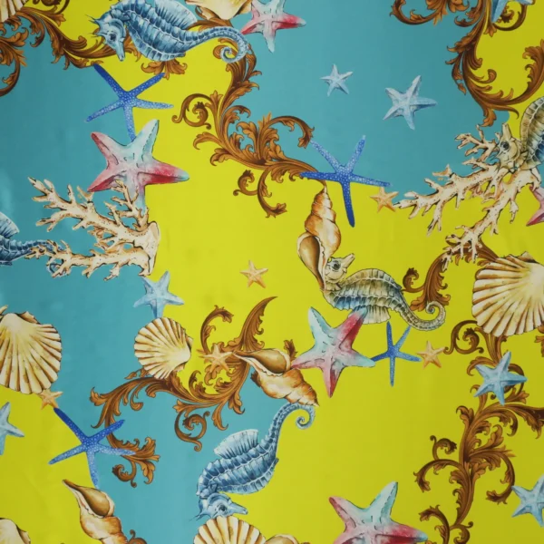 Seashells, Seahorses and Sea Stars on Yellow and Mint Abstract Printed Silk Charmeuse Fabric